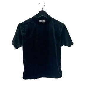 Vintage 90s Black Velour Mock Neck Short Sleeve Top Medium